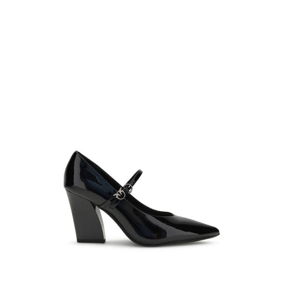 PINKO Black Calf Leather Bos Taurus High Heel Pumps with patent finish and adjustable strap, featuring a chunky heel design.