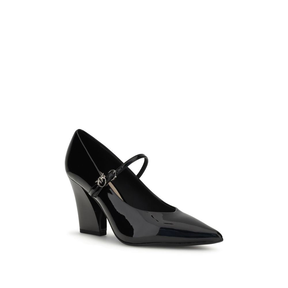 PINKO Black Calf Leather Bos Taurus High Heel Pumps with patent leather, pointed upper, and adjustable strap for AW25 season.