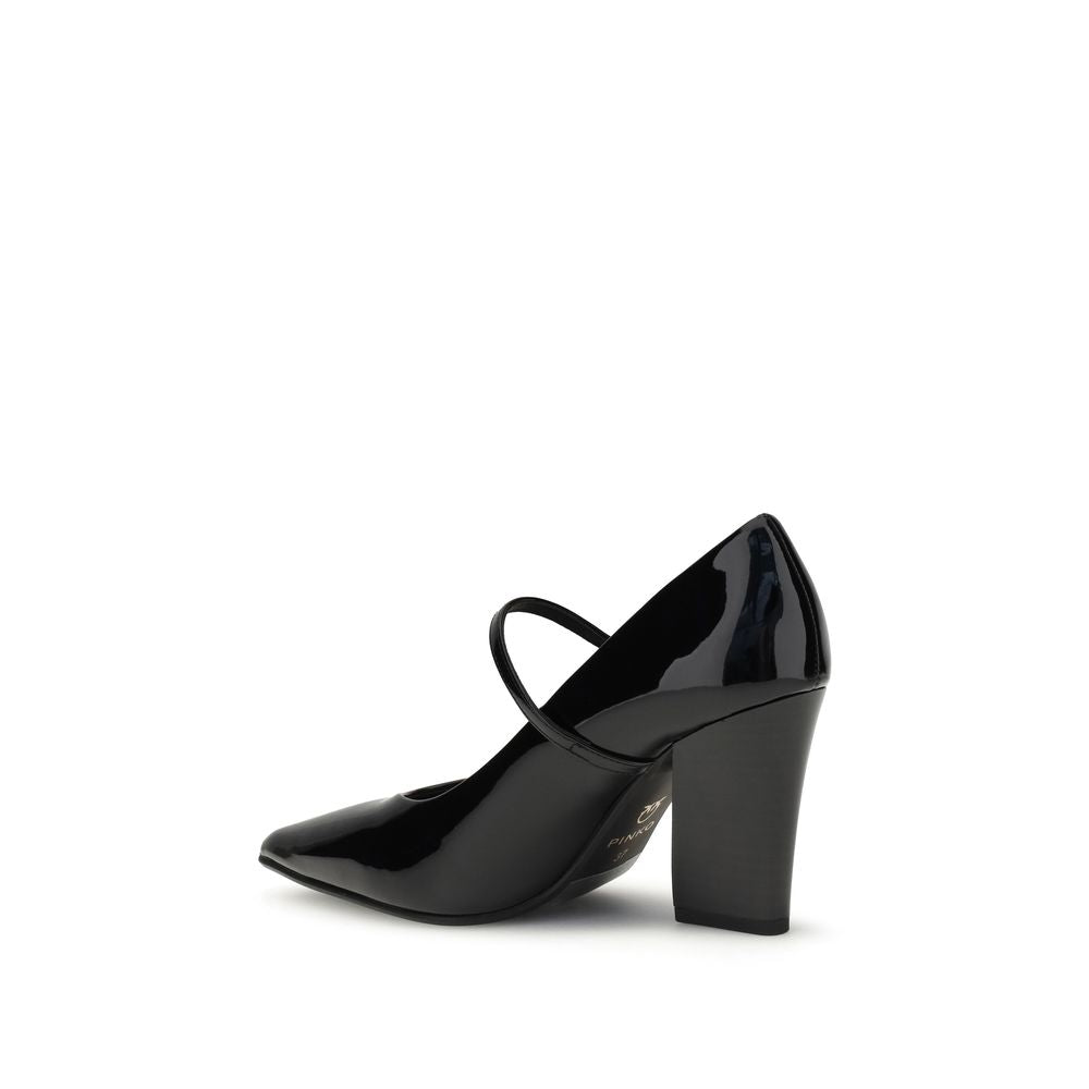 PINKO Black Calf Leather Bos Taurus High Heel Pumps with glossy finish and adjustable strap, showcasing the cubic heel and sleek design.