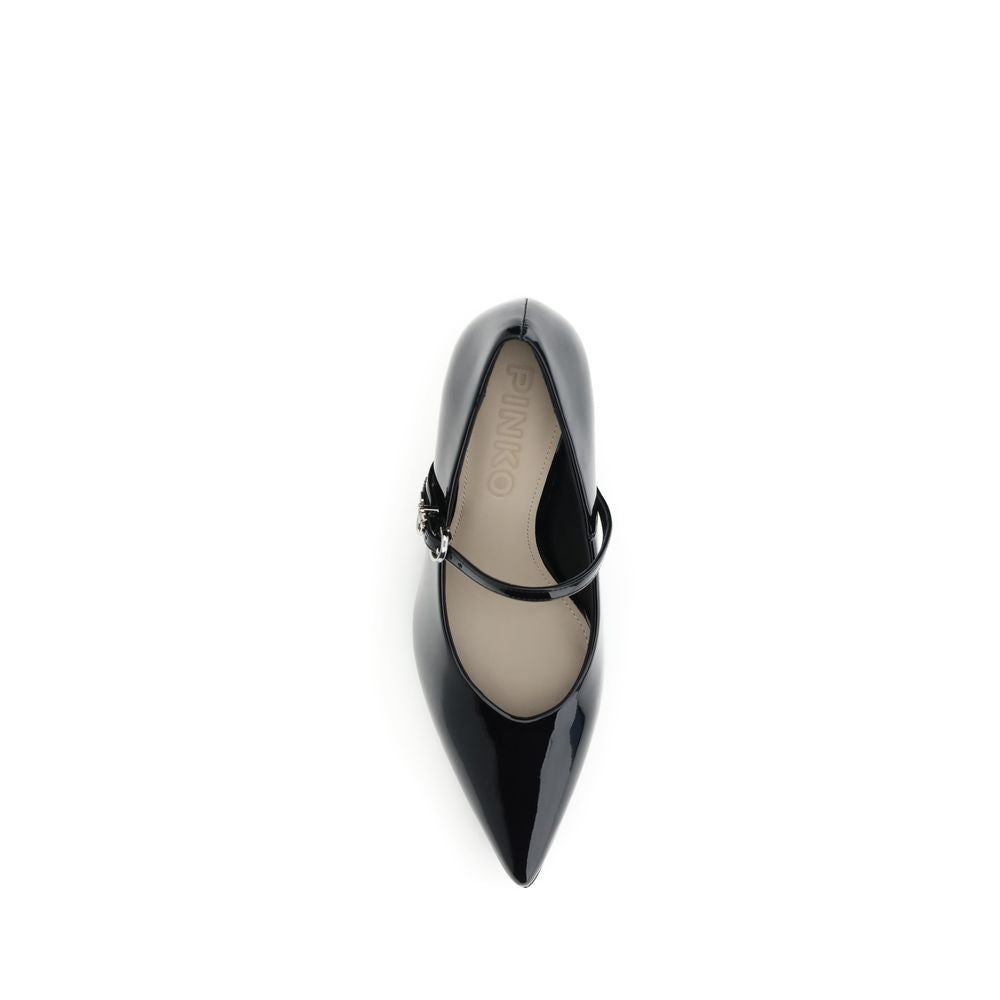 Top view of PINKO Black Calf Leather Bos Taurus High Heel Pumps with glossy patent leather and adjustable strap.