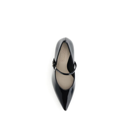 Top view of PINKO Black Calf Leather Bos Taurus High Heel Pumps with glossy patent leather and adjustable strap.