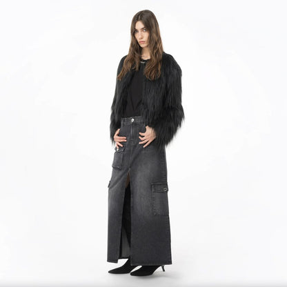 Woman wearing PINKO Black Cotton Skirt with zip closure, back, flap, and side pockets, styled with a black fur jacket and heels.