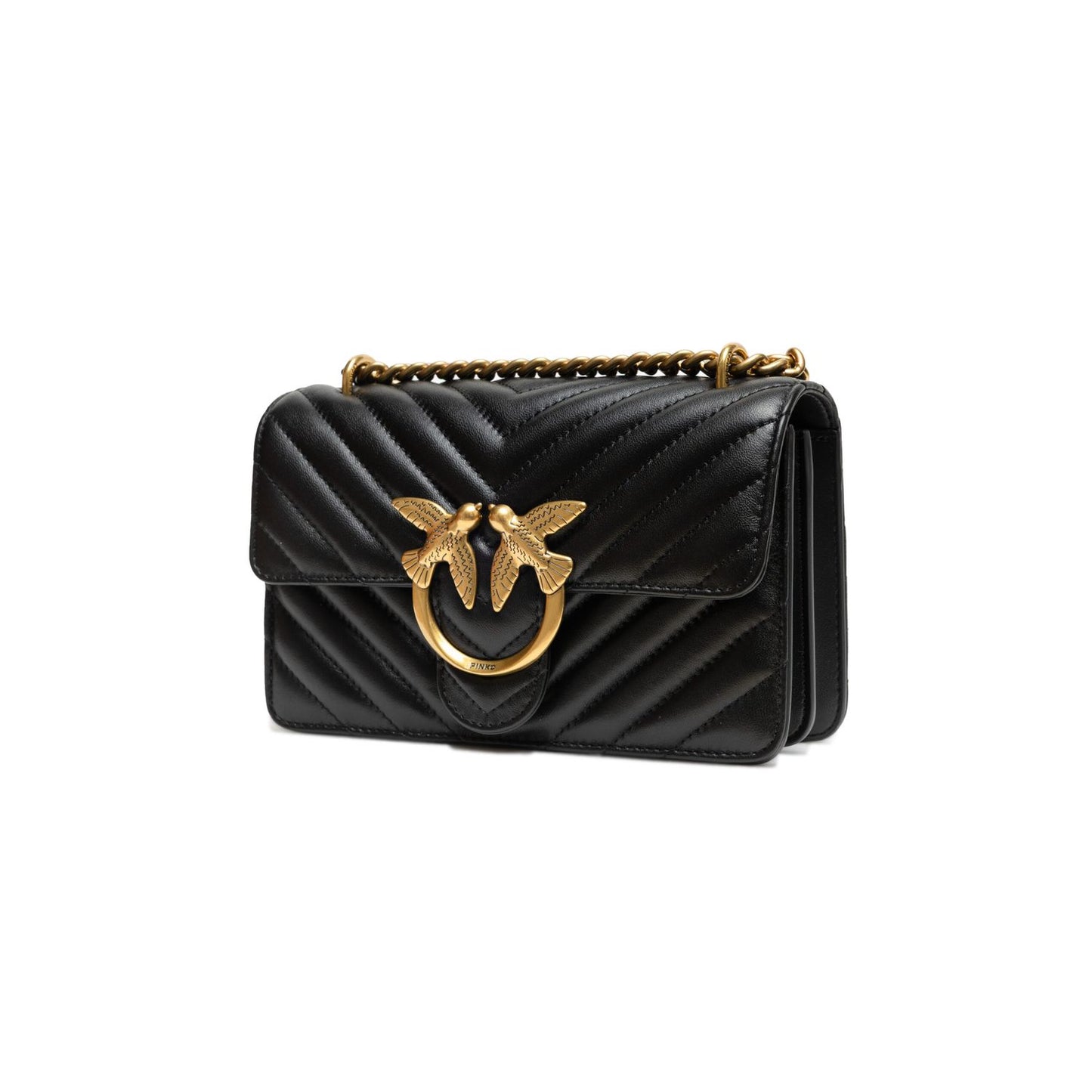 PINKO Black Leather Love One Mini Shoulder Bag with Love Birds buckle and gold chain strap
