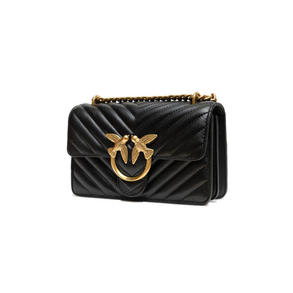 PINKO Black Leather Love One Mini Shoulder Bag with Love Birds buckle and gold chain strap