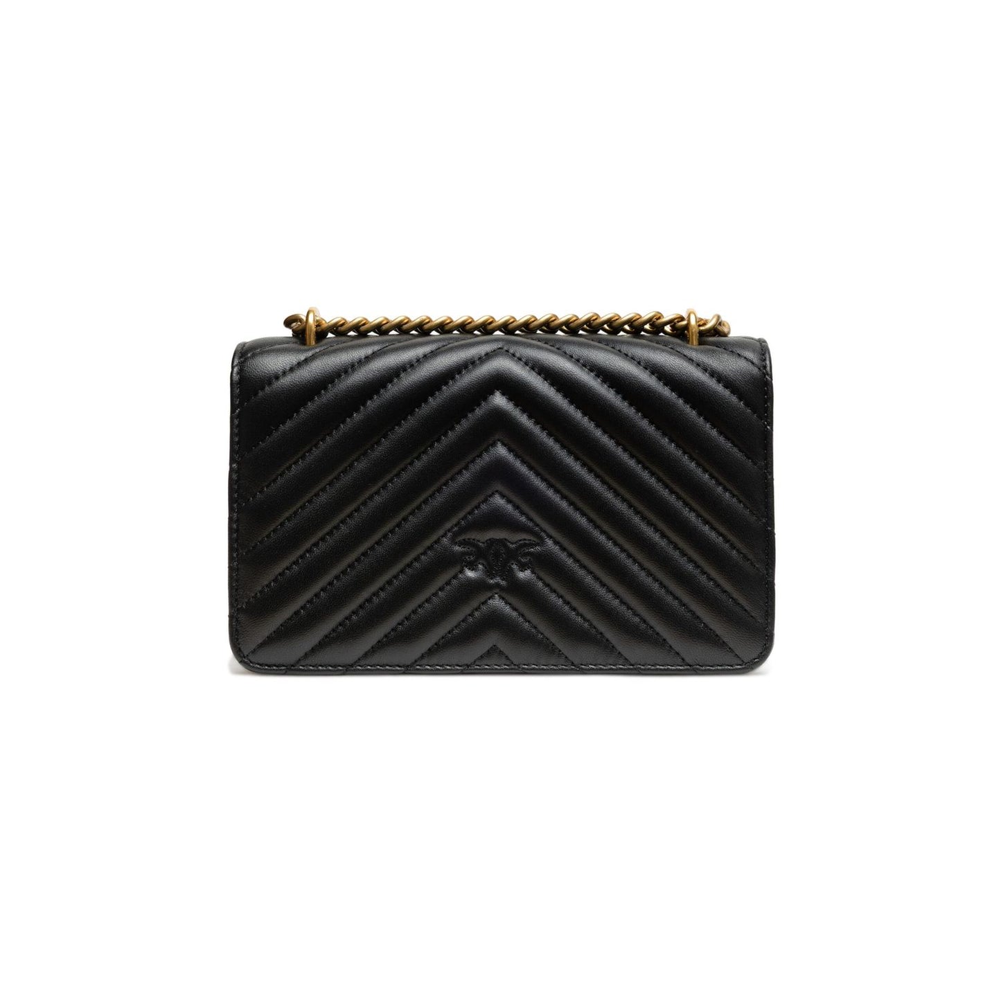 PINKO Black Leather Love One Mini Shoulder Bag with chain strap and chevron design on white background.
