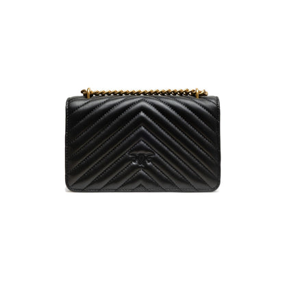 PINKO Black Leather Love One Mini Shoulder Bag with chain strap and chevron design on white background.