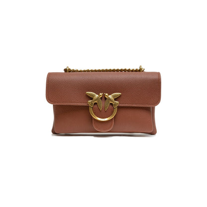 PINKO Brown Leather Love Boucle Riga Shoulder Bag with front zip pocket and gold metal Love Birds buckle, stylish and versatile.