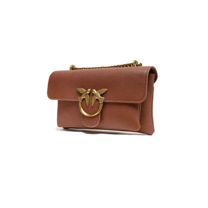 PINKO Brown Leather Love Boucle Riga Shoulder Bag with gold Love Birds buckle, chain strap, and soft silhouette. Front view.