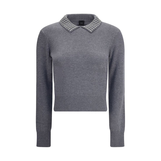 PINKO Gray Nylon Sweatshirt with rhinestone collar, ribbed hem and cuffs, showcasing feminine design for AW25 season.