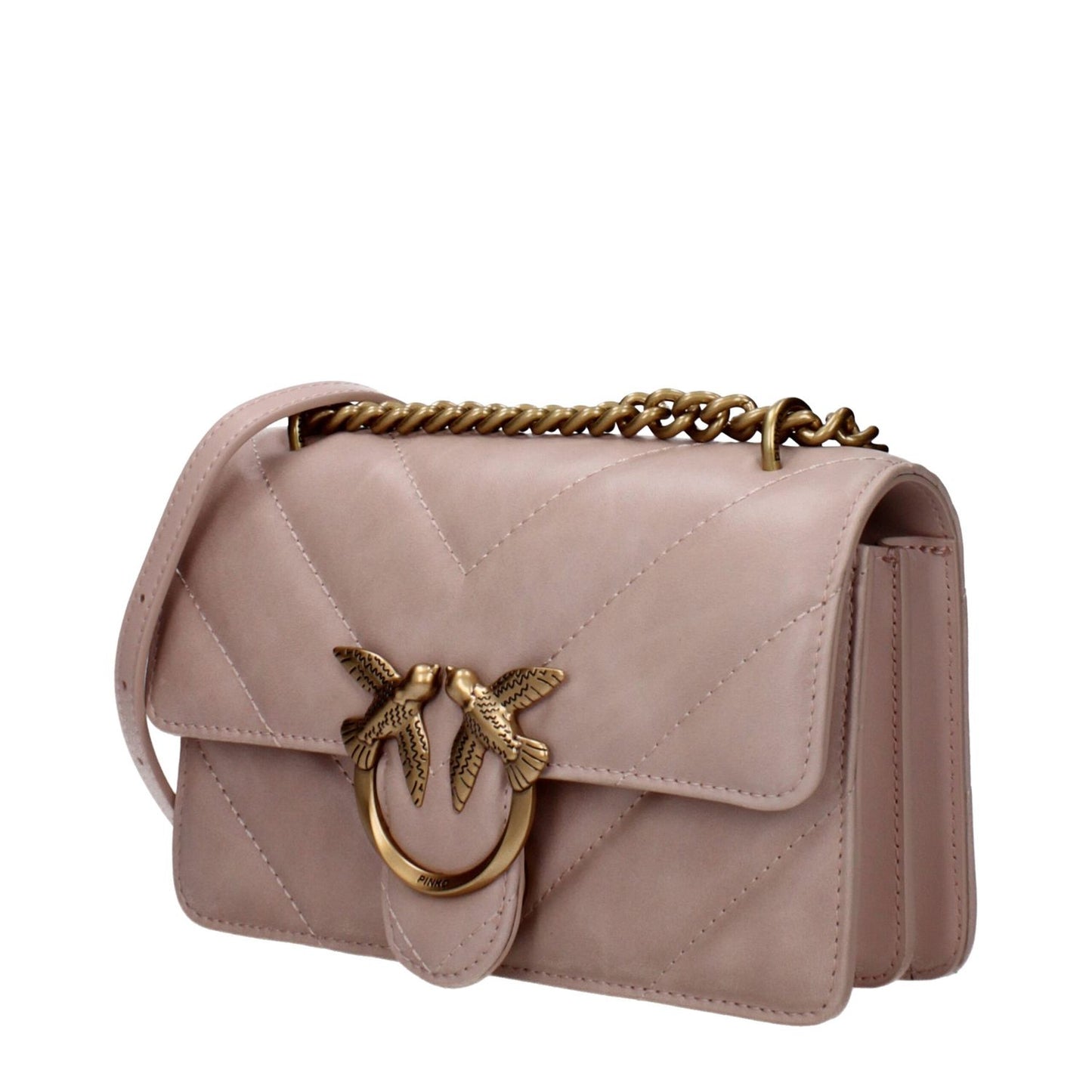 PINKO Pink Leather Crossbody Bag with gold accents, adjustable shoulder strap, vintage effects, and front logo.