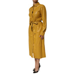 PINKO Polyester Belted Shirt Midi Long Sleeve Yellow Mustard dress in mustard faux leather, featuring a classic collar and removable belt.