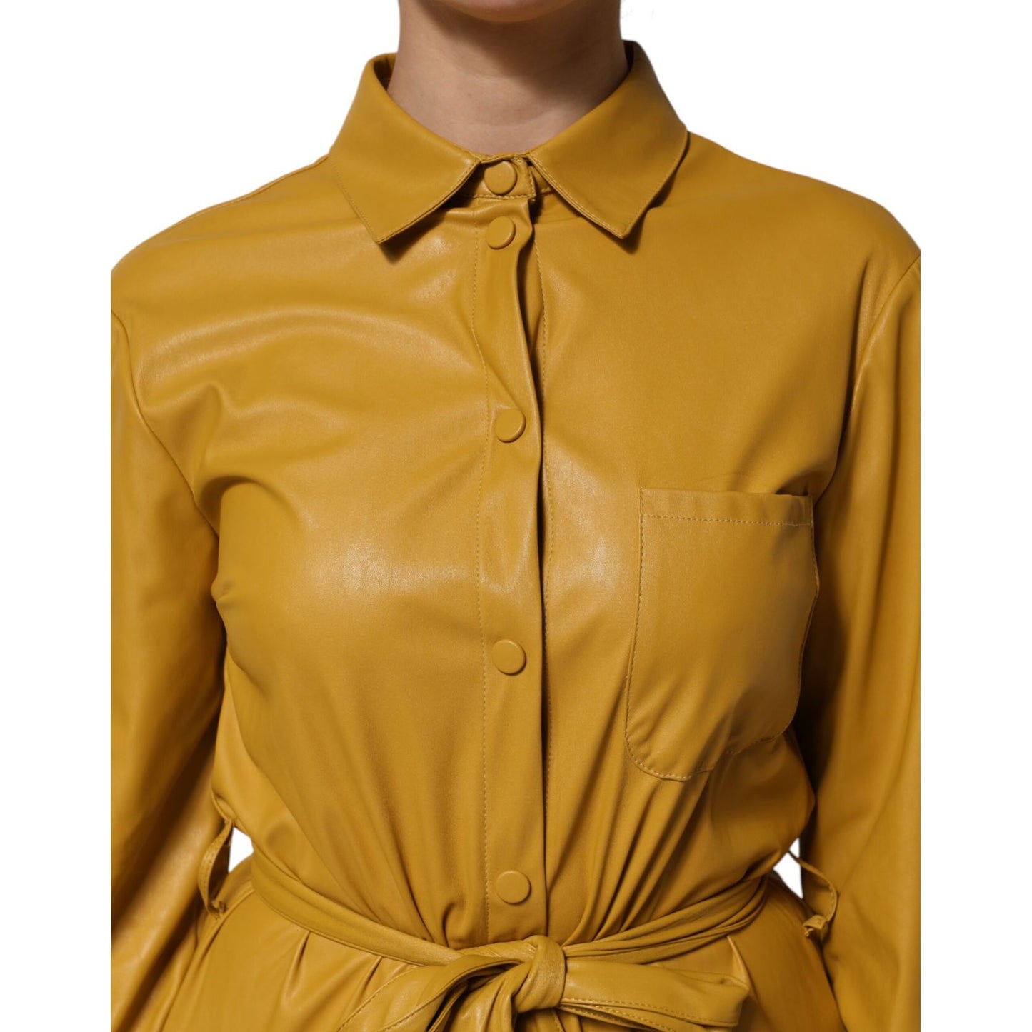 PINKO Polyester Belted Shirt Midi Long Sleeve Yellow Mustard dress with classic collar and button closure for chic styling.