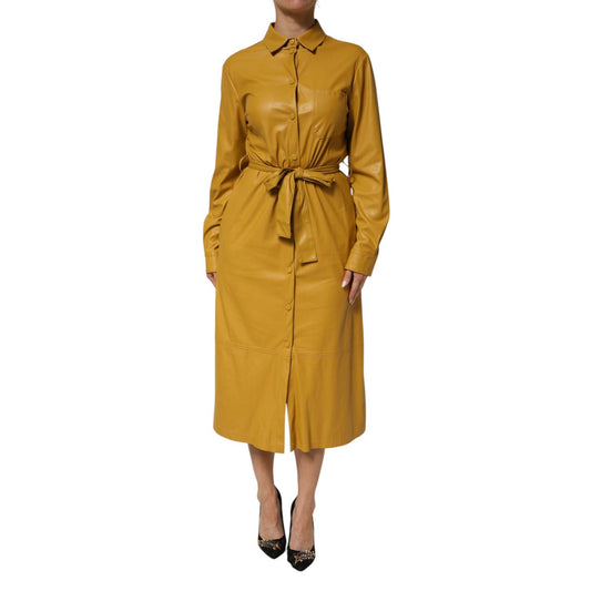 PINKO Polyester Belted Shirt Midi Long Sleeve Yellow Mustard dress in mustard faux leather with a classic collar and removable belt.