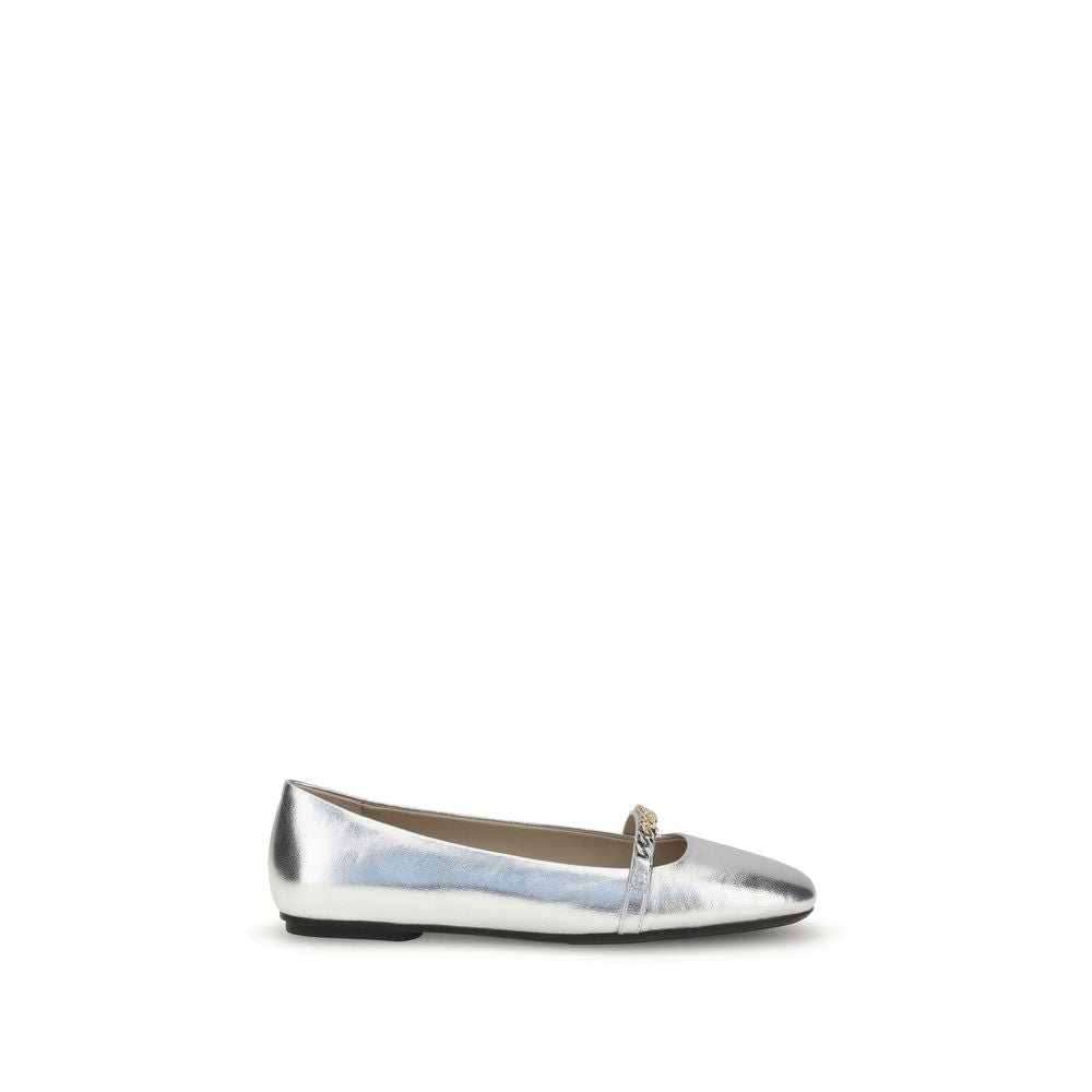 PINKO Silver Calf Leather Bos Taurus Ballet Flats with decorative loop and metal detail, 100% leather, elegant design for AW25 season.