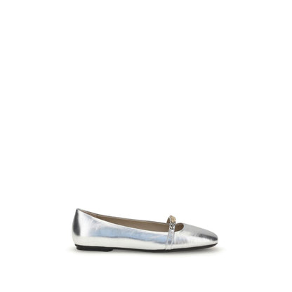 PINKO Silver Calf Leather Bos Taurus Ballet Flats with decorative loop and metal detail, 100% leather, elegant design for AW25 season.