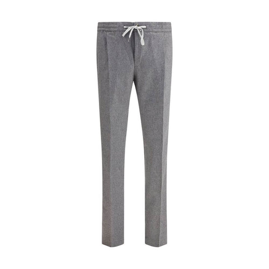 PT Torino Gray Fleece Wool Casual Pants with elastic waistband and straight leg, featuring side welt and back zipper pockets.