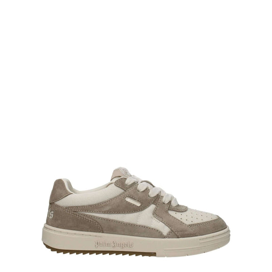 Palm Angels Beige Fabric Low Top Sneakers with suede body, front, side, and back logo, lace-up closure, round toe, and rubber sole.