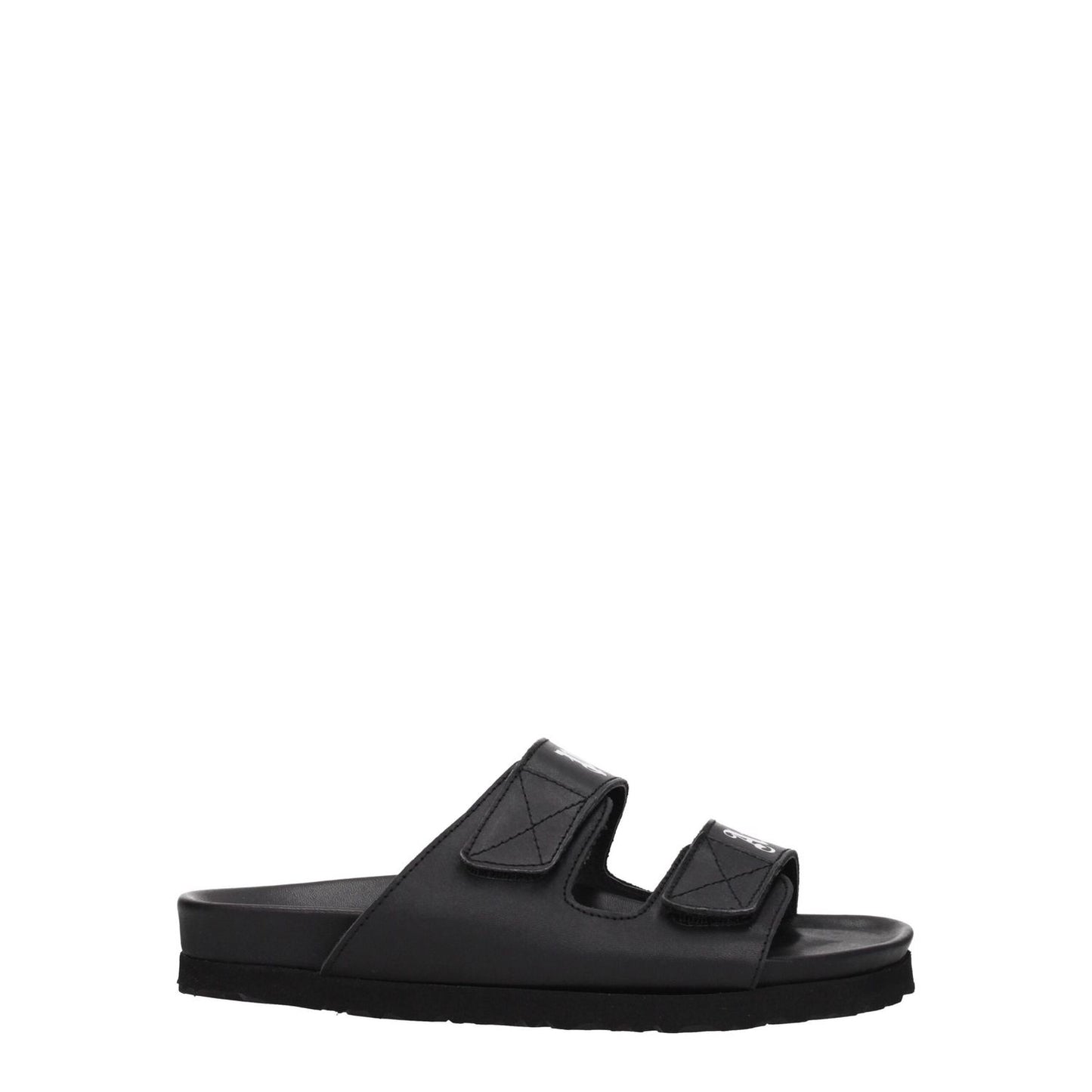 Palm Angels Black Leather Flat Sandals with front logo and strap closure, casual style, rubber sole, low heel. MPN: PWIH010LEA0011001.