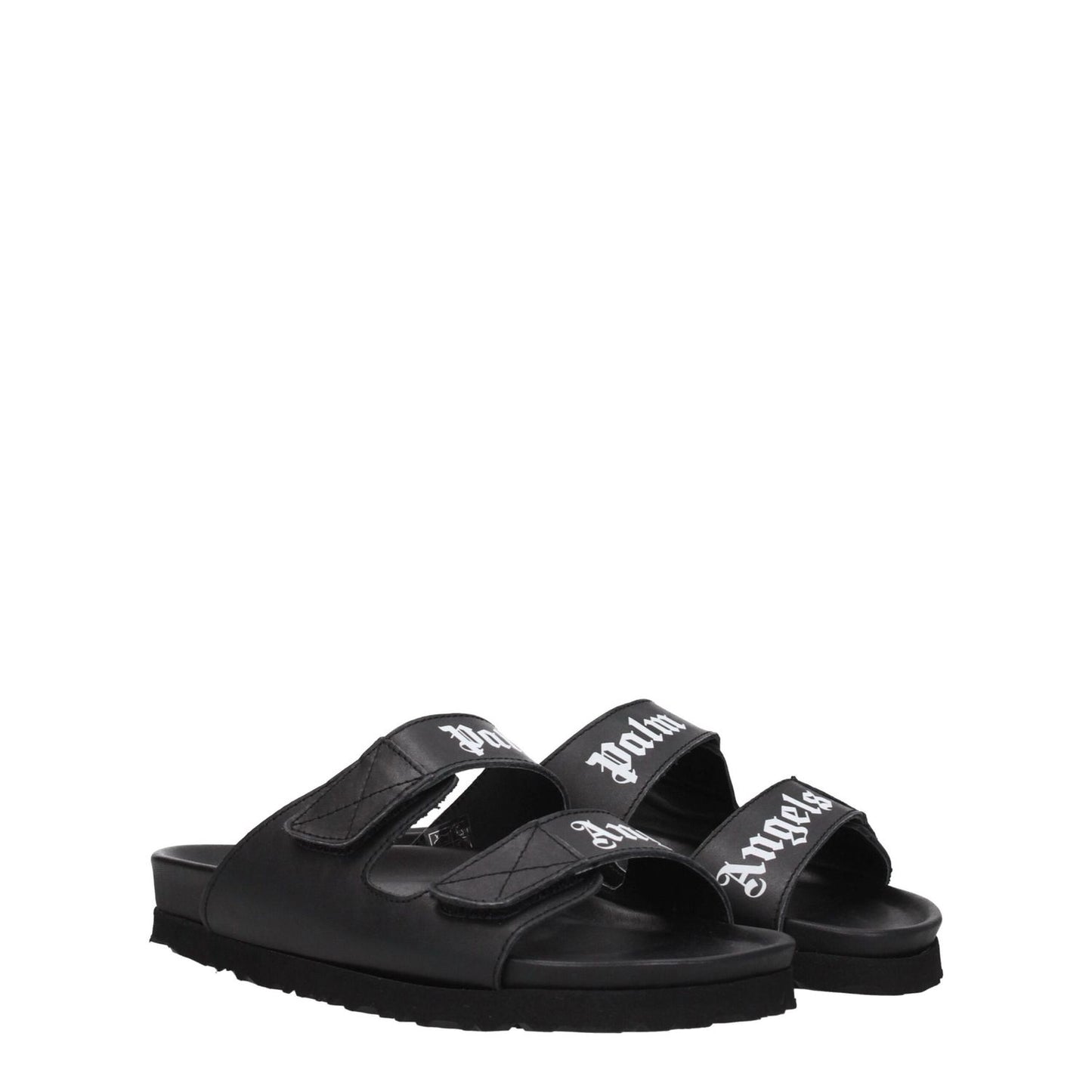 Palm Angels Black Leather Flat Sandals with logo, featuring strap closure and rubber sole. Casual style, MPN: PWIH010LEA0011001.