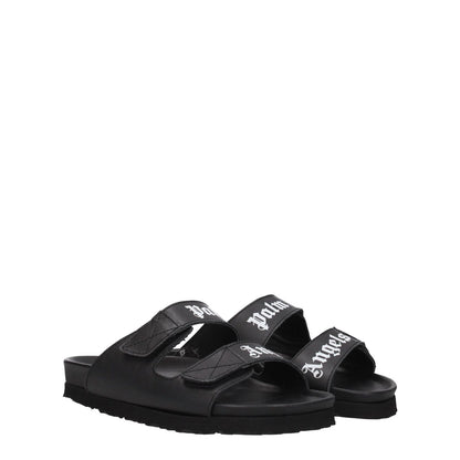 Palm Angels Black Leather Flat Sandals with logo, featuring strap closure and rubber sole. Casual style, MPN: PWIH010LEA0011001.