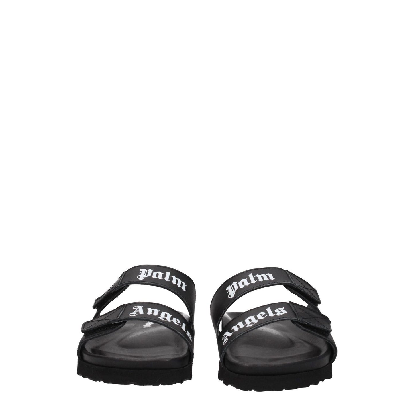 Palm Angels Black Leather Flat Sandals with strap closure and front logo design.