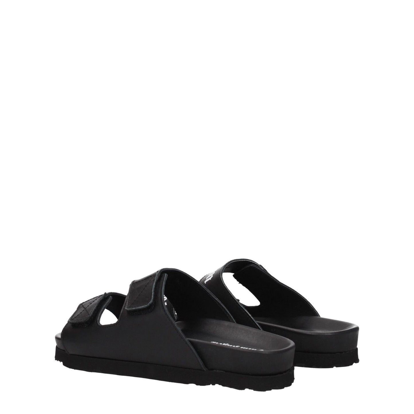 Rear view of Palm Angels Black Leather Flat Sandals with strap closure, rubber sole, and low flat heel, showcasing the front logo design.