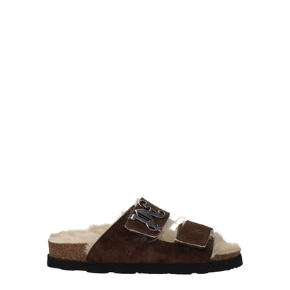 Palm Angels Brown Leather Slippers with strap closure, rubber sole, and open toe design, showcasing front logo and casual style.