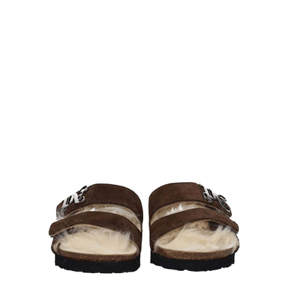 Palm Angels Brown Leather Slippers with suede material and front logo, featuring an open toe and strap closure, designed for casual style.