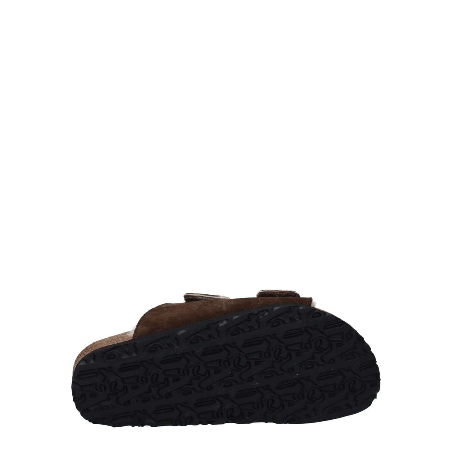 Bottom view of Palm Angels Brown Leather Slippers featuring rubber sole and suede material with strap closure.