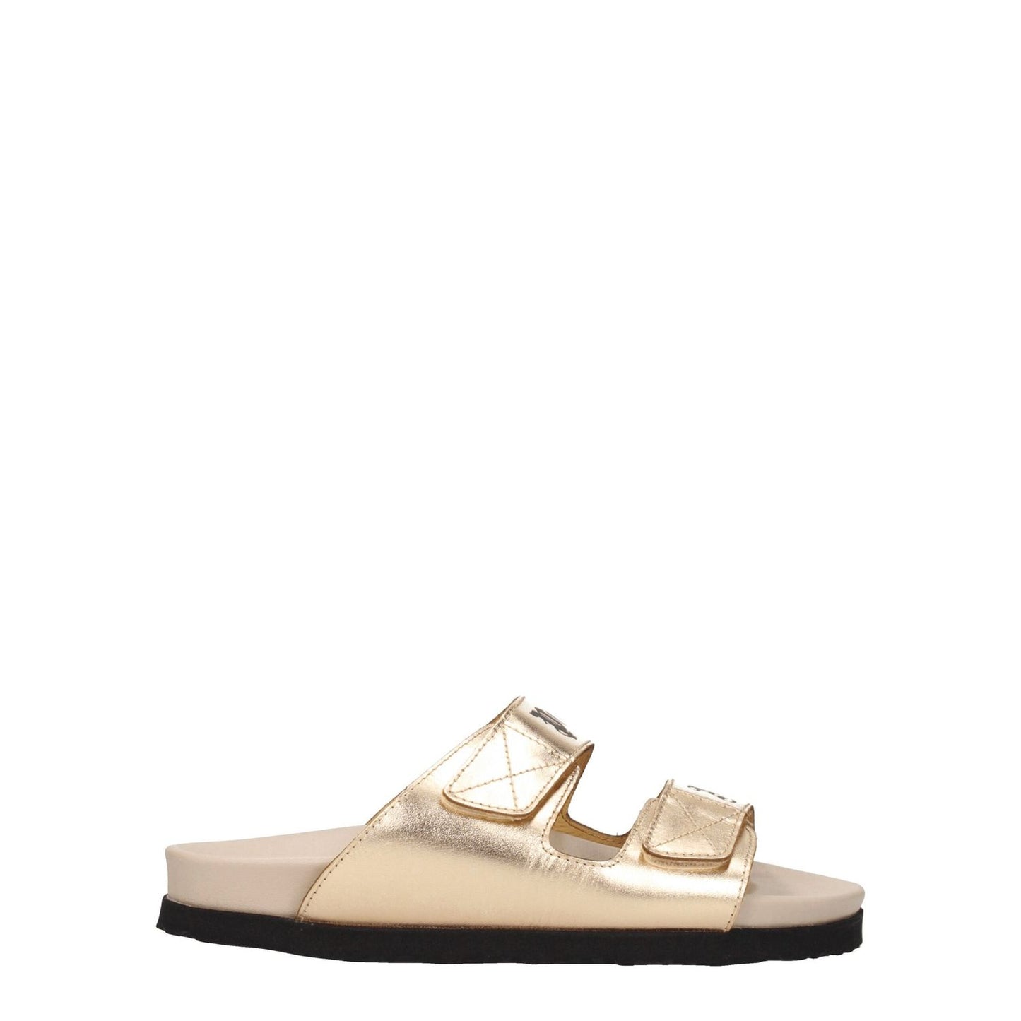 Palm Angels Gold Leather Slippers with metallic effect and strap closure, featuring an open toe and low flat heel.