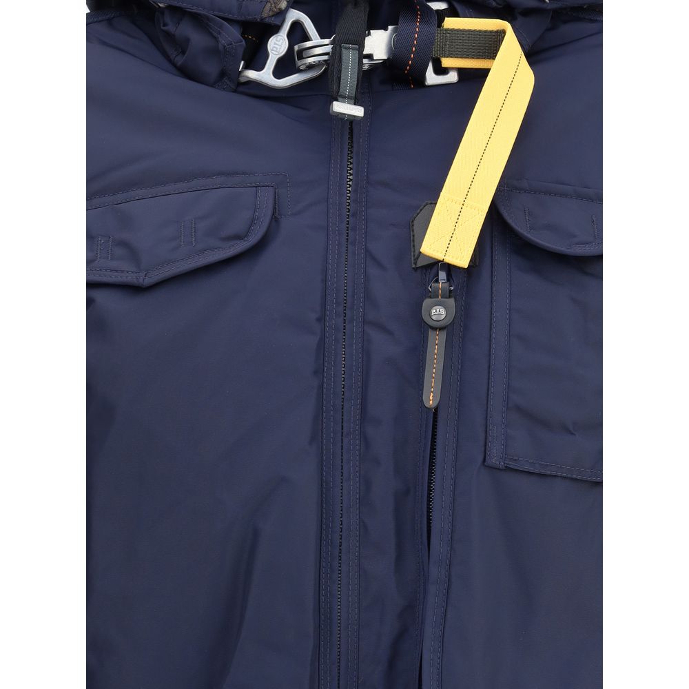 Close-up of Parajumpers Blue Nylon Bomber jacket zipper and hood detail showcasing weather-resistant features.