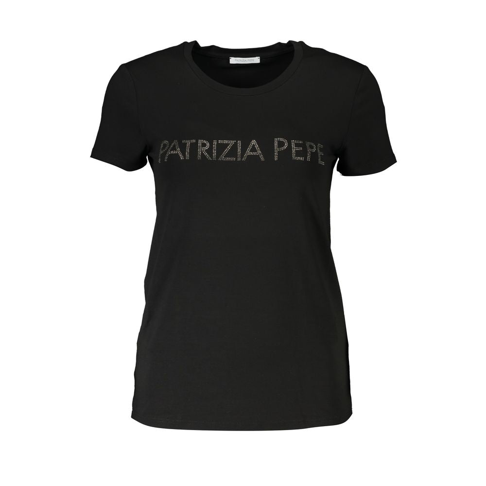 Patrizia Pepe Black Organic Cotton Women T-Shirt with rhinestone logo, short sleeves, and crew neck design.