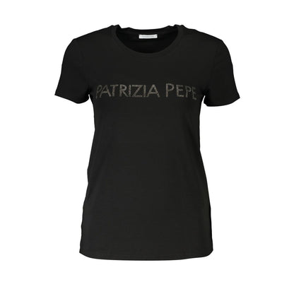 Patrizia Pepe Black Organic Cotton Women T-Shirt with rhinestone logo, short sleeves, and crew neck design.