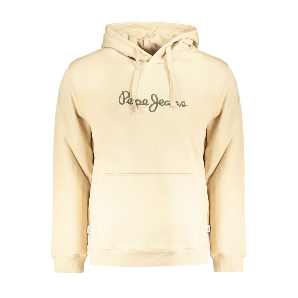 Pepe Jeans Beige Cotton Men Sweater with logo embroidery, organic cotton hoodie for casual urban style, long sleeve, sustainable fashion.