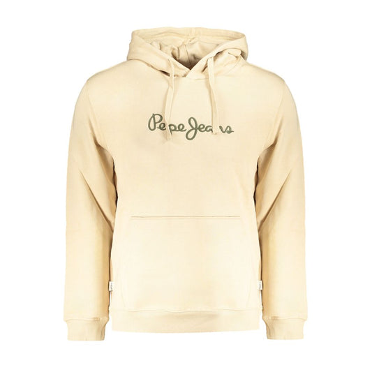 Pepe Jeans Beige Cotton Men Sweater with logo embroidery, organic cotton hoodie for casual urban style, long sleeve, sustainable fashion.