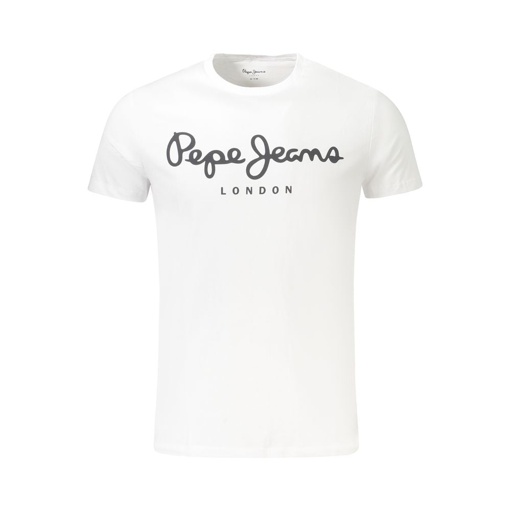 Pepe Jeans White Cotton Men TShirt with logo print and crew neck, sustainable fabric, slim fit, stylish and eco-friendly, color white.