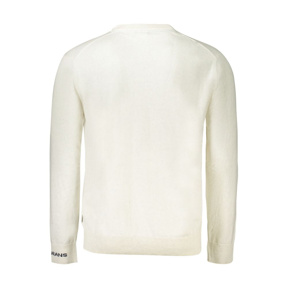 Pepe Jeans White Cotton Sweater, back view, long-sleeved, crew neck, with logo embroidery on the sleeve.
