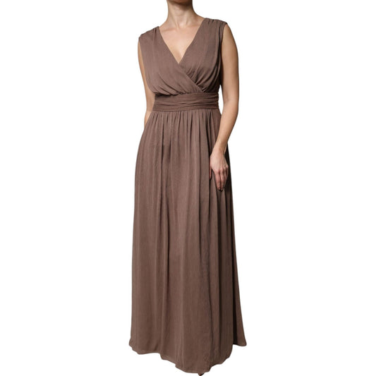 Peserico Brown Sleeveless Deep V-neck A-line Long Maxi Dress 1728,67345645728,Brown,Clothing,Dresses - Women - Clothing,IT42|M,Material: 100% Polyester,Peserico,Preowned / Defect,Women,Women - Clothing Peserico DR281422-42