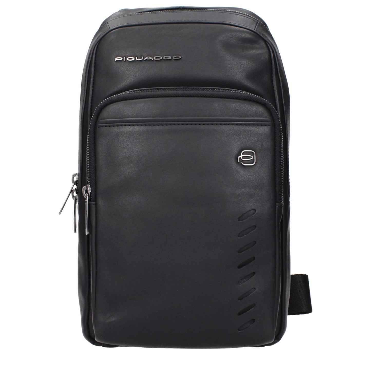 Piquadro Black Leather Crossbody Bag with zipper, front logo, and adjustable shoulder strap