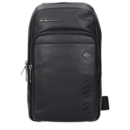 Piquadro Black Leather Crossbody Bag with zipper, front logo, and adjustable shoulder strap
