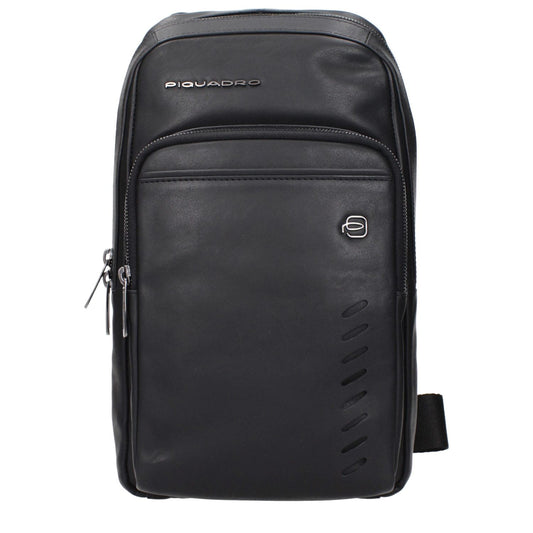 Piquadro Black Leather Crossbody Bag with zipper, front logo, and adjustable shoulder strap