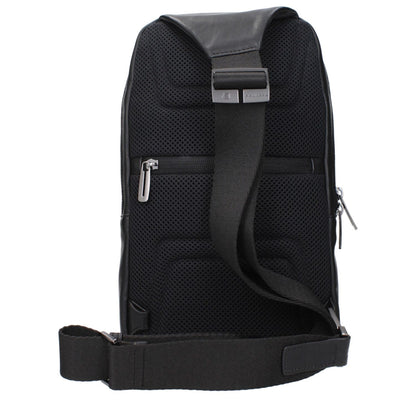 Piquadro Black Leather Crossbody Bag with adjustable shoulder strap, front logo, and zippered compartments, model MPN CA5346S110N code F84379