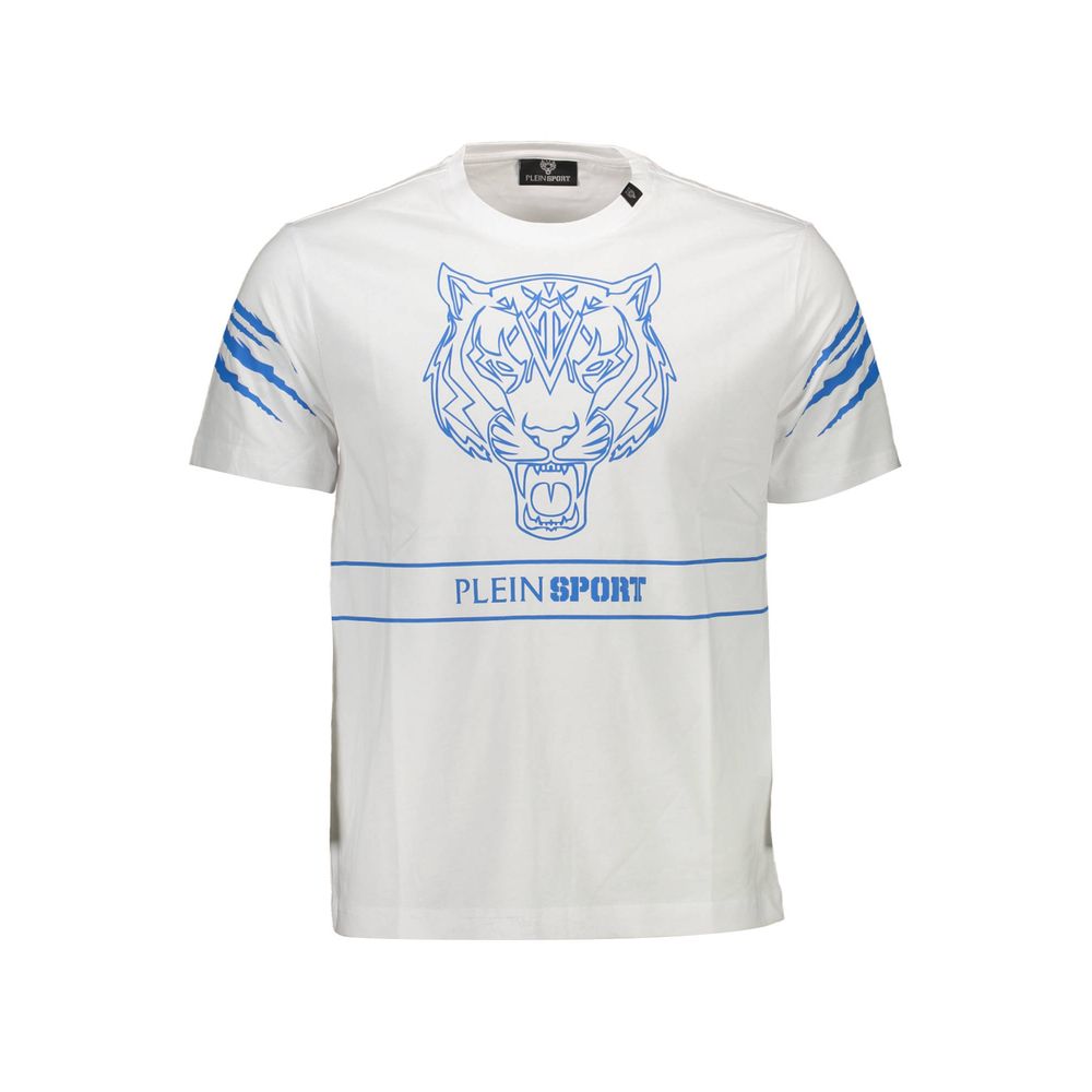 Plein Sport White Cotton Men T-Shirt with bold logo and distinctive blue tiger graphic, showcasing athletic opulence and modern fashion.