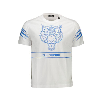 Plein Sport White Cotton Men T-Shirt with bold logo and distinctive blue tiger graphic, showcasing athletic opulence and modern fashion.