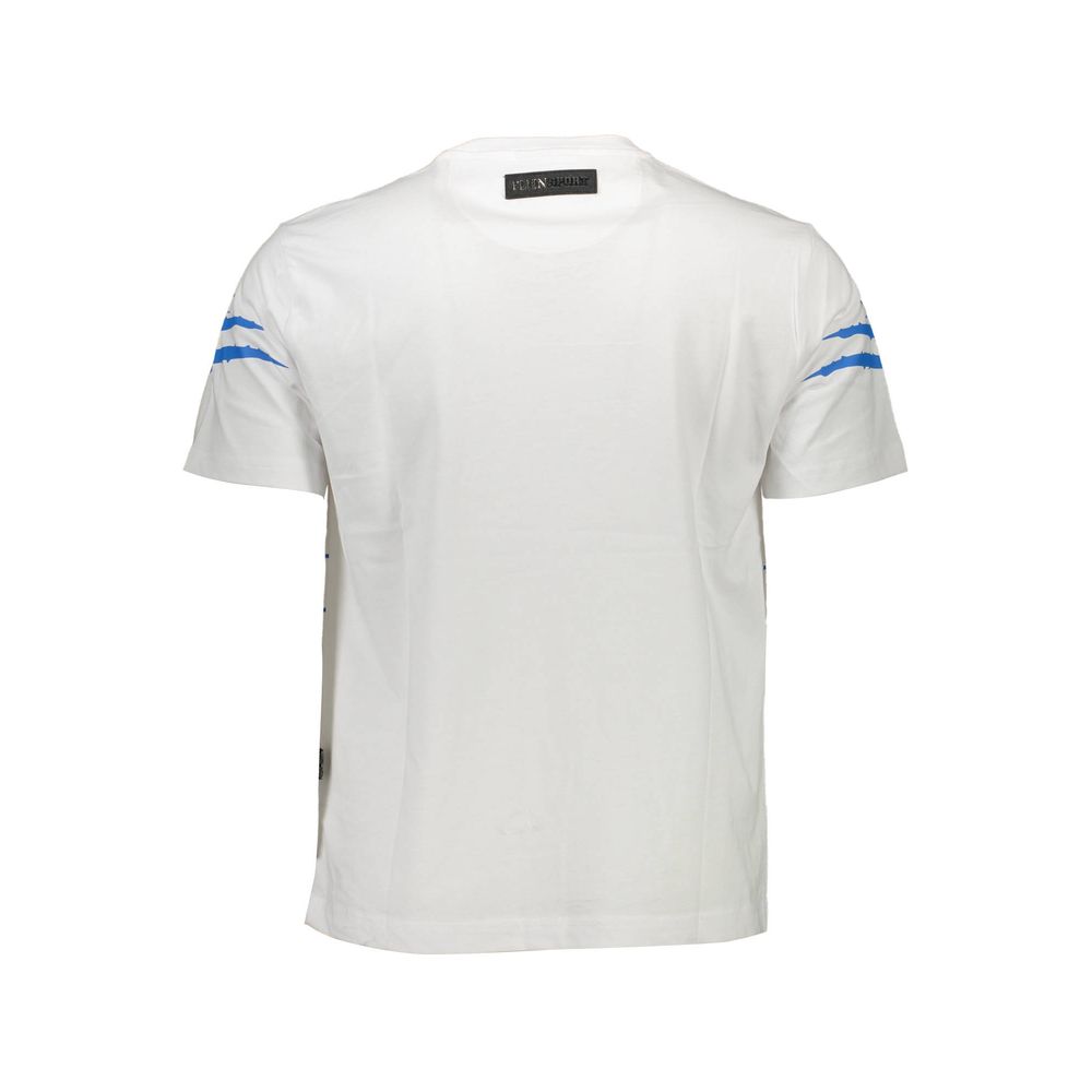 Plein Sport White Cotton Men T-Shirt with bold logo and contrasting details, showcasing athletic elegance and trendsetting style.
