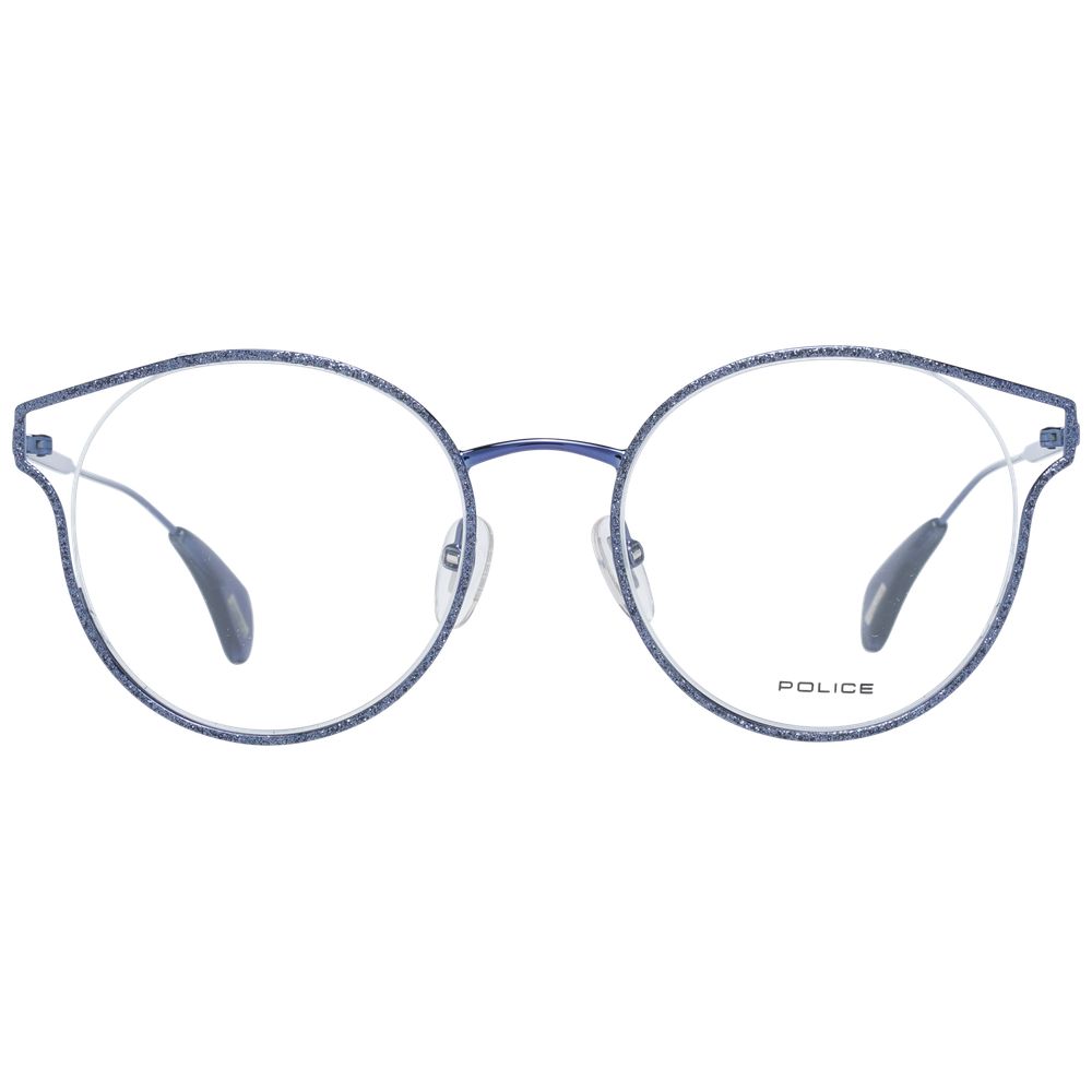 Police Blue Metal & Plastic Glasses (Frames) for women, full-rim butterfly style, blue color, size 50-19-135, demo lenses.