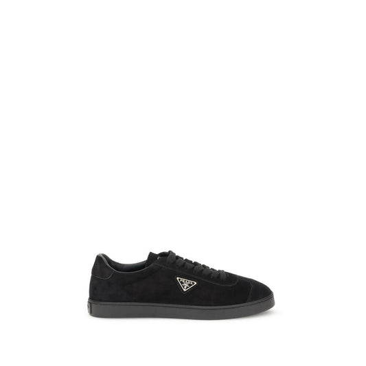 Prada Black Calf Leather Bos Taurus Low Top Sneakers with rubber sole and triangular plaque design, suede finish, and logo detailing.