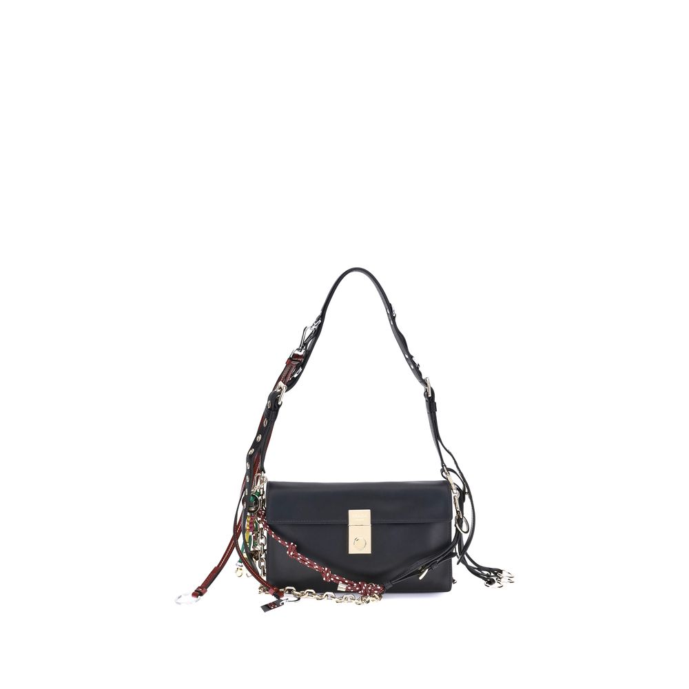 Prada Black Calf Leather Bos Taurus Shoulder Bag with metallic logo and adjustable strap for versatile use