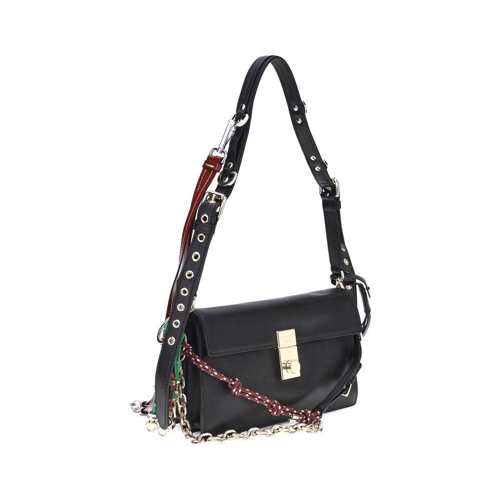 Prada Black Calf Leather Bos Taurus Shoulder Bag with metallic logo and versatile strap, luxurious design and refined detailing.