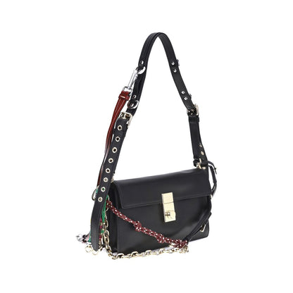 Prada Black Calf Leather Bos Taurus Shoulder Bag with metallic logo and versatile strap, luxurious design and refined detailing.